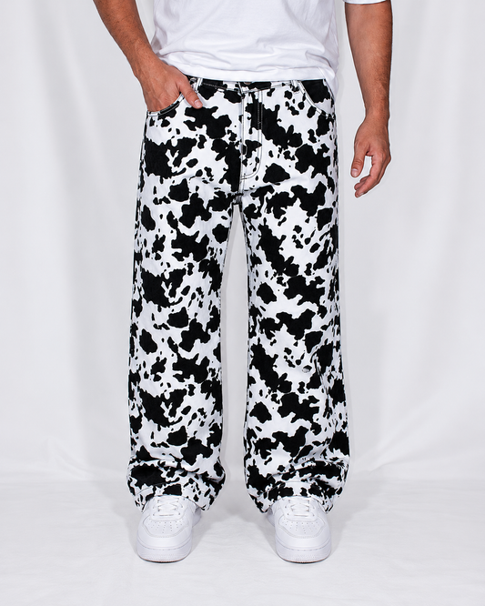 Pantalón Baggy Animal Print Vaca Blanco y Negro
