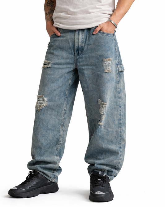 Pantalón Baggy Jeans Roto Azul Desvanecido