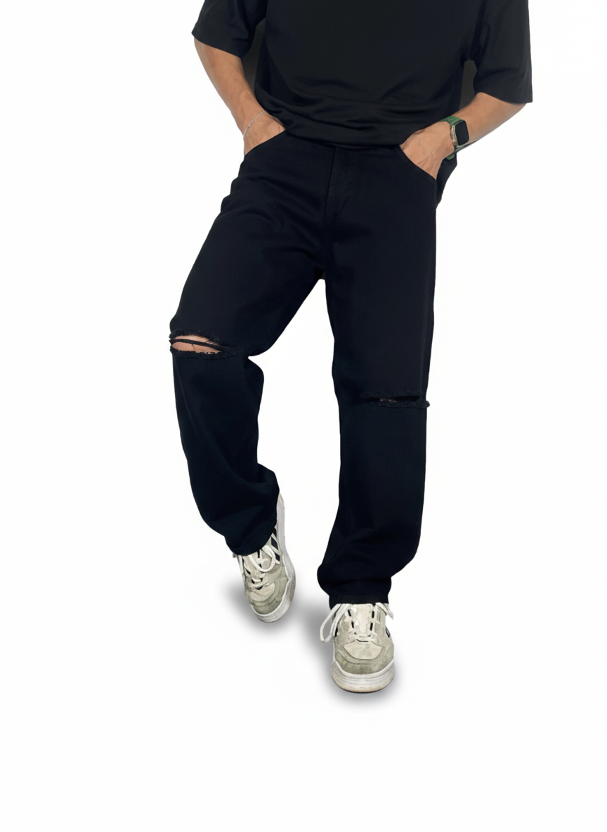 Pantalón Baggy Negro Rotos Rodilla