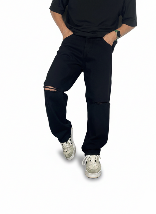 Pantalón Baggy Negro Rotos Rodilla