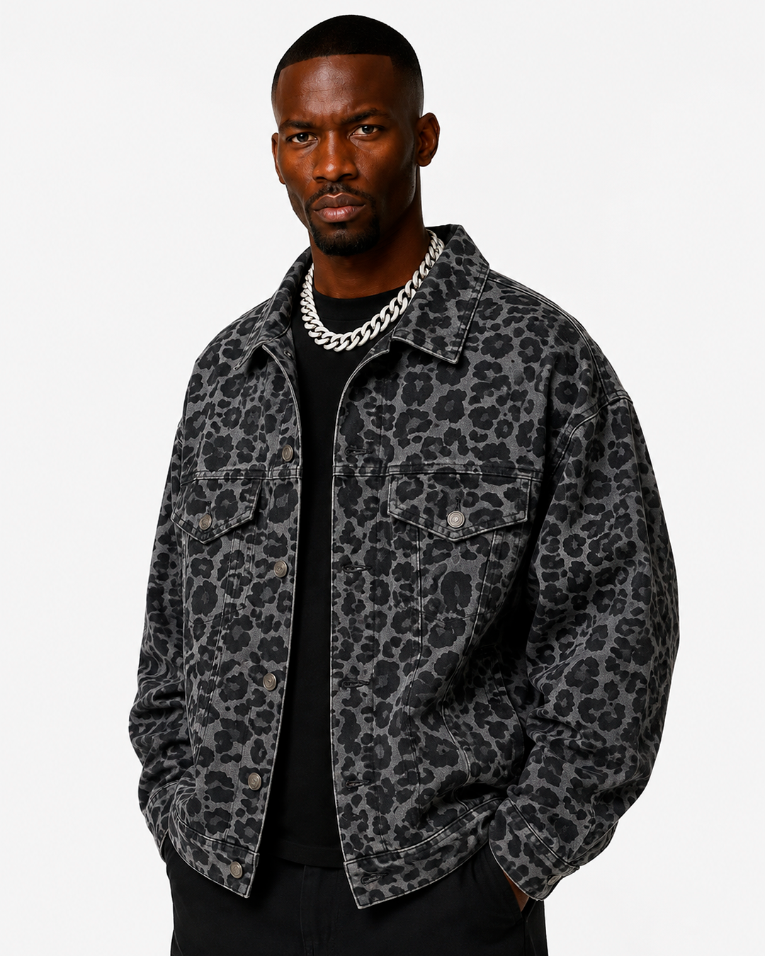 Chaqueta de Jean Manga Larga Estampado Animal Print Gris