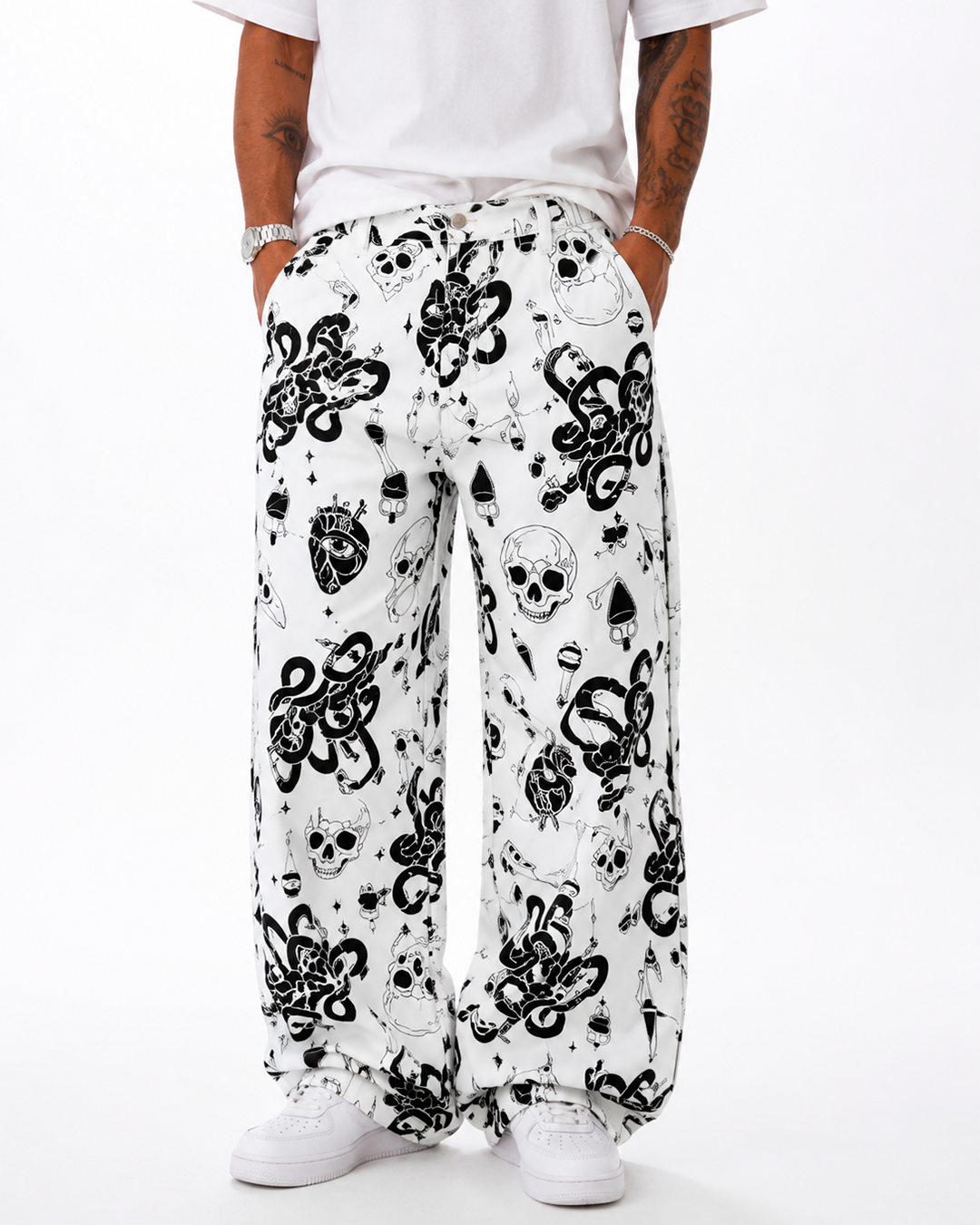 Jean Oversize Drill Estampado Graphic Blanco