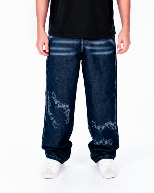 Jean Baggy Stone Azul Oscuro con Diseño Láser de Cadenas