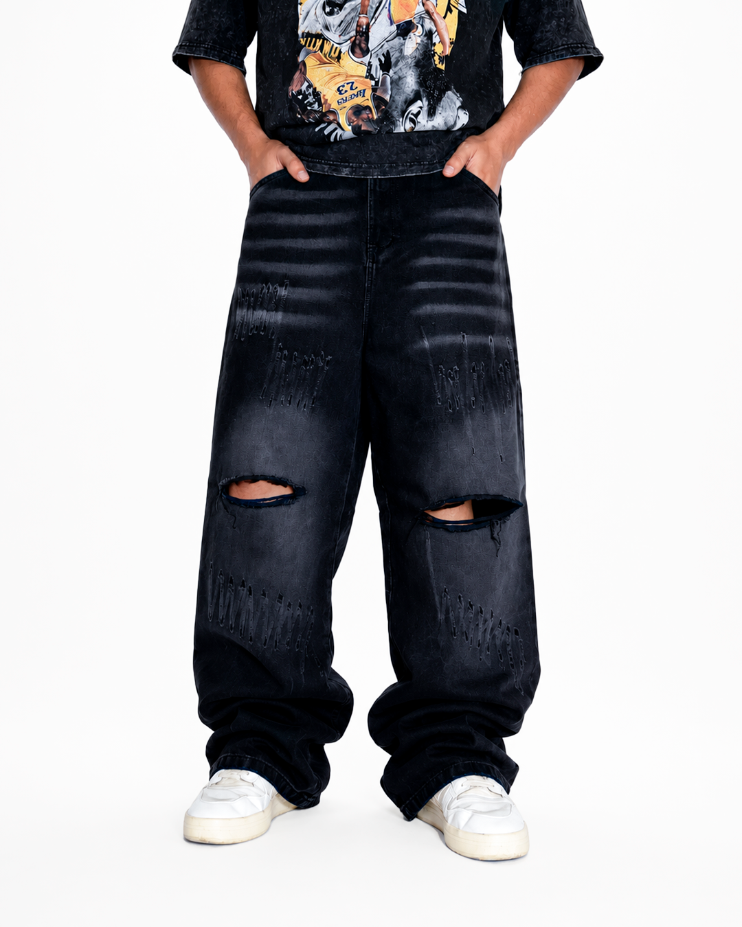 Pantalón Oversize Gris Oscuro Rotos Rodilla