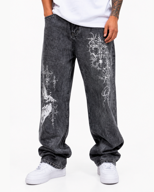Jean Oversize Negro Humo Estampado Gótico