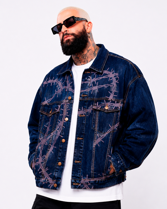 Chaqueta Jean Oversize Azul Oscuro con Estampado Láser Alambre