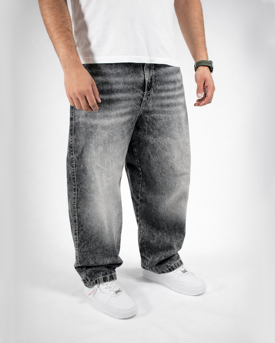 Pantalón Jeans Baggy Gris Acid Wash Bigotes