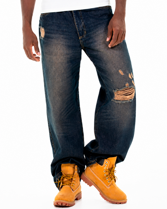 Jean Oversize Azul Oscuro Desgastado Rasgado