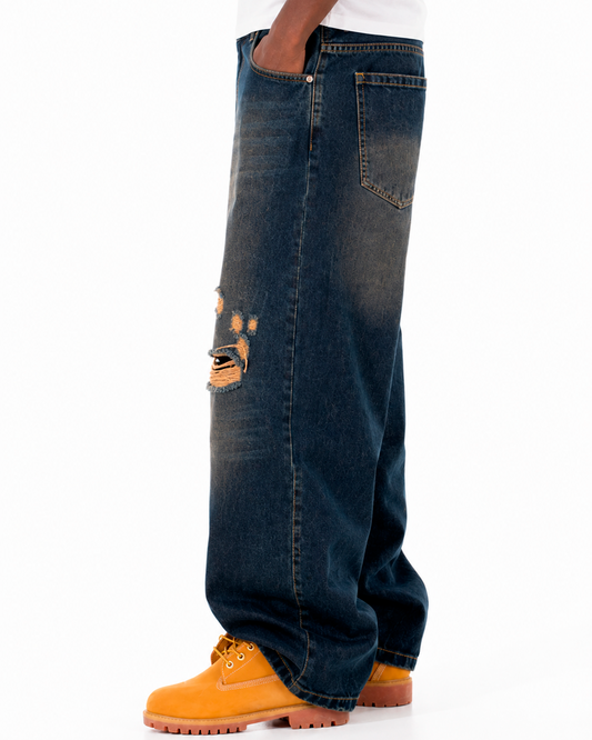 Jean Oversize Azul Oscuro Desgastado Rasgado