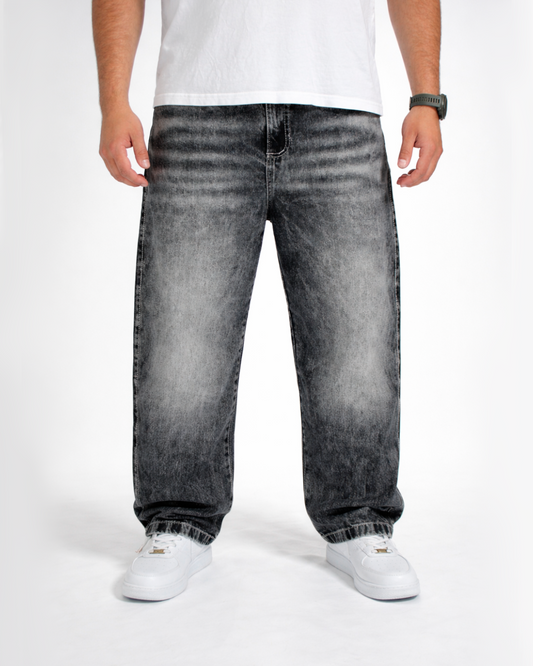 Pantalón Jeans Baggy Gris Acid Wash Bigotes