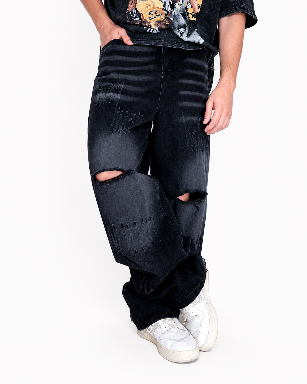 Pantalón Oversize Gris Oscuro Rotos Rodilla