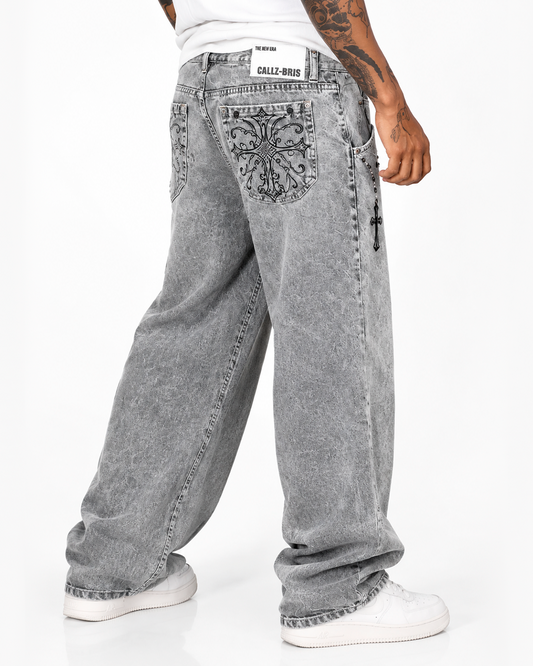 Jean Baggy Gris Claro Cruz Bordada con Ojales