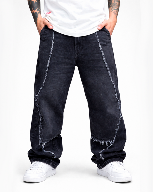 Jeans Baggy Negro Desgastado con Costuras Raw