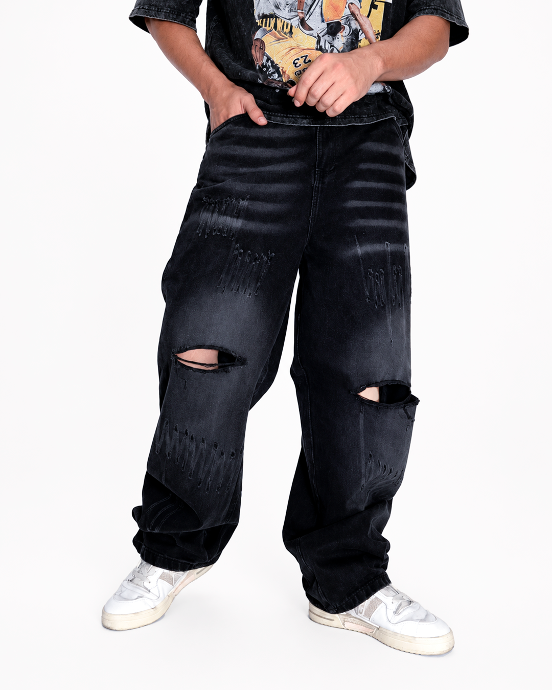 Pantalón Oversize Gris Oscuro Rotos Rodilla