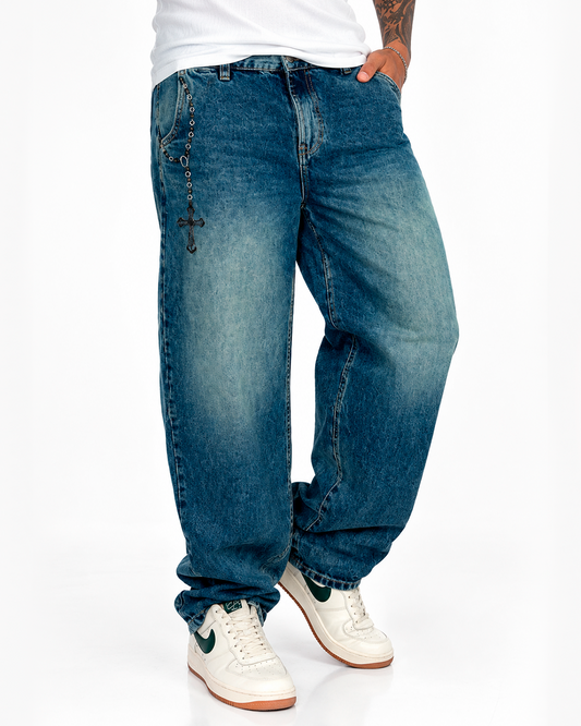 Jean Baggy Azul Verdoso Cruz Bordada con Ojales