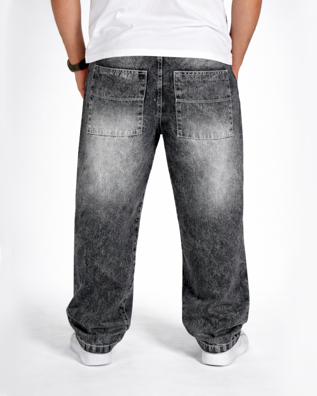 Pantalón Jeans Baggy Gris Acid Wash Bigotes