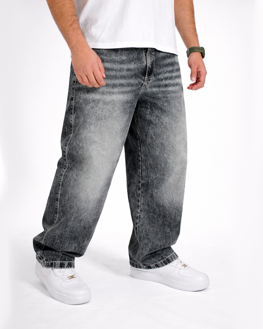 Pantalón Jeans Baggy Gris Acid Wash Bigotes