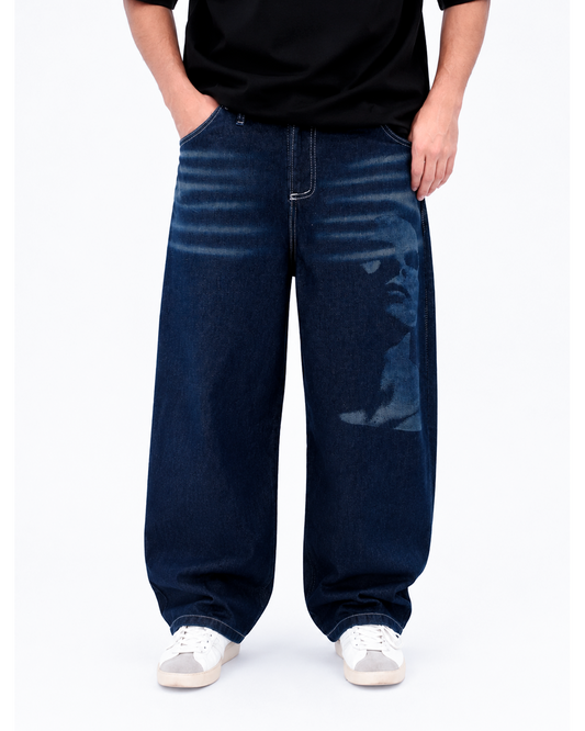 Jean Baggy Stone Azul con Diseño Láser de Rostro