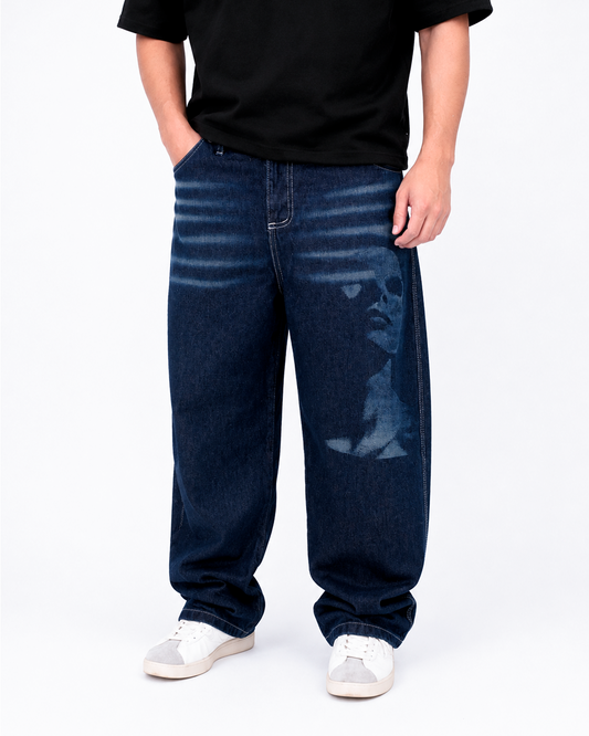 Jean Baggy Stone Azul con Diseño Láser de Rostro