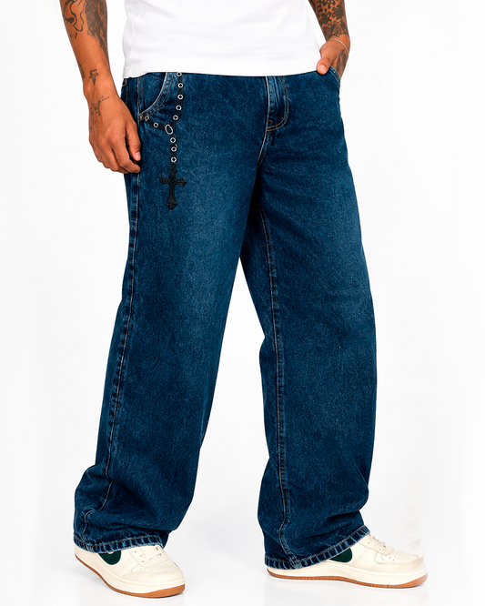 Jean Baggy Azul Cruz Bordada con Ojales