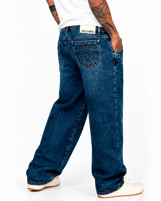 Jean Baggy Azul Cruz Bordada con Ojales