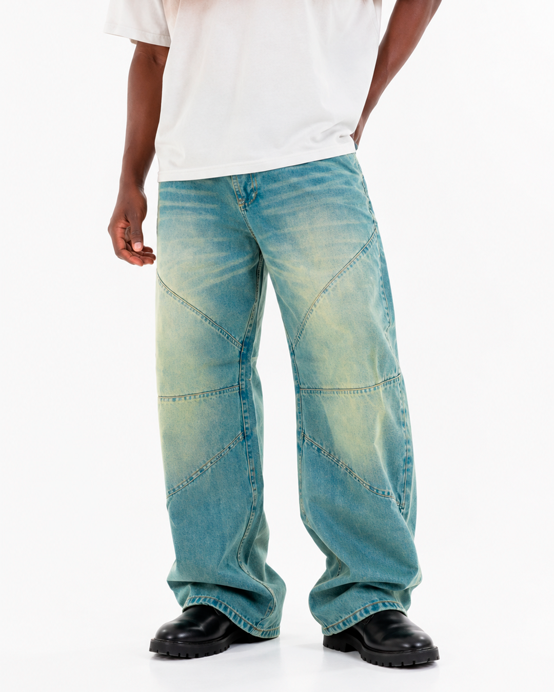 Jean Oversize Azul Claro Verdoso Costuras Curvas