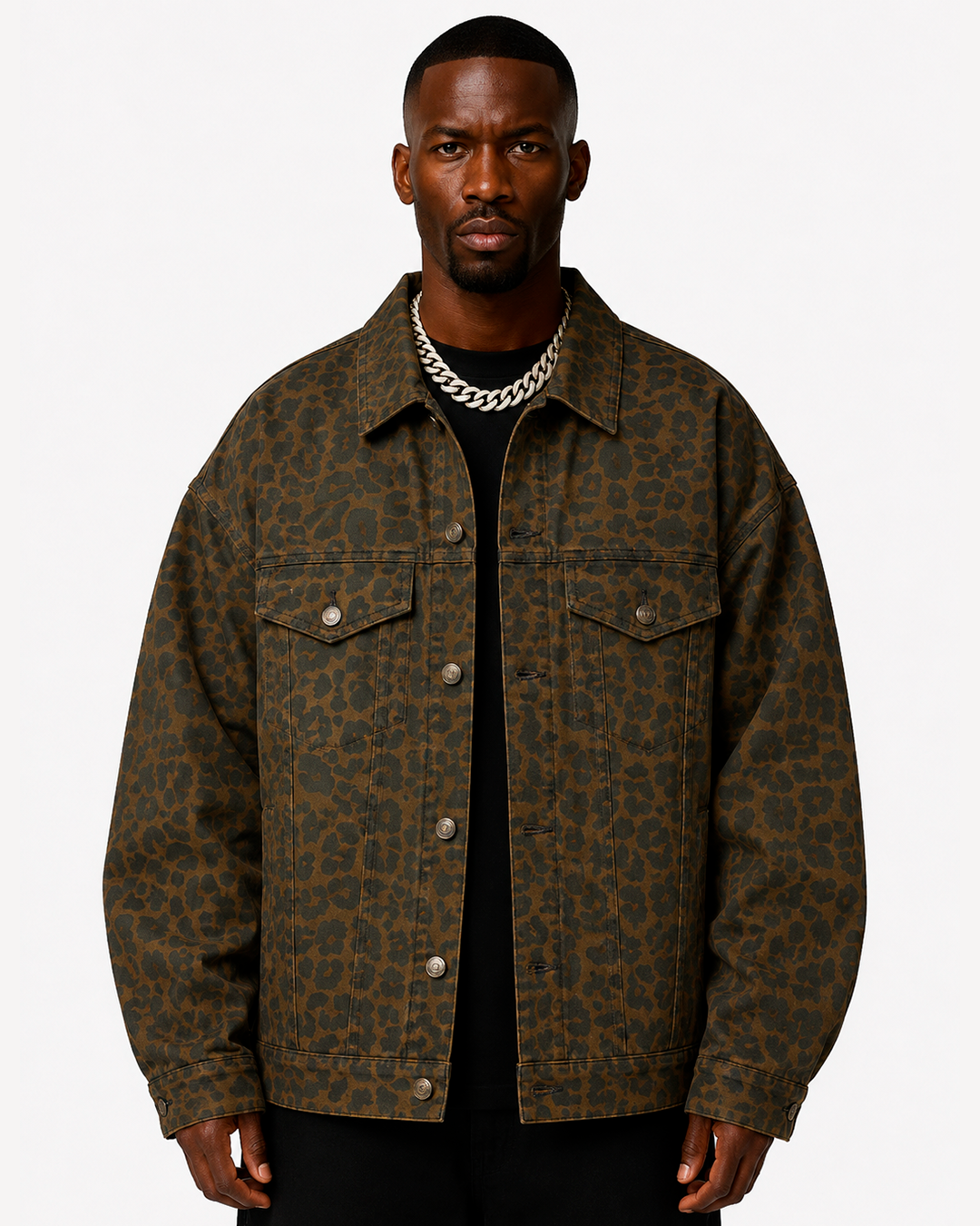 Chaqueta de Jean Manga Larga Estampado Animal Print Café