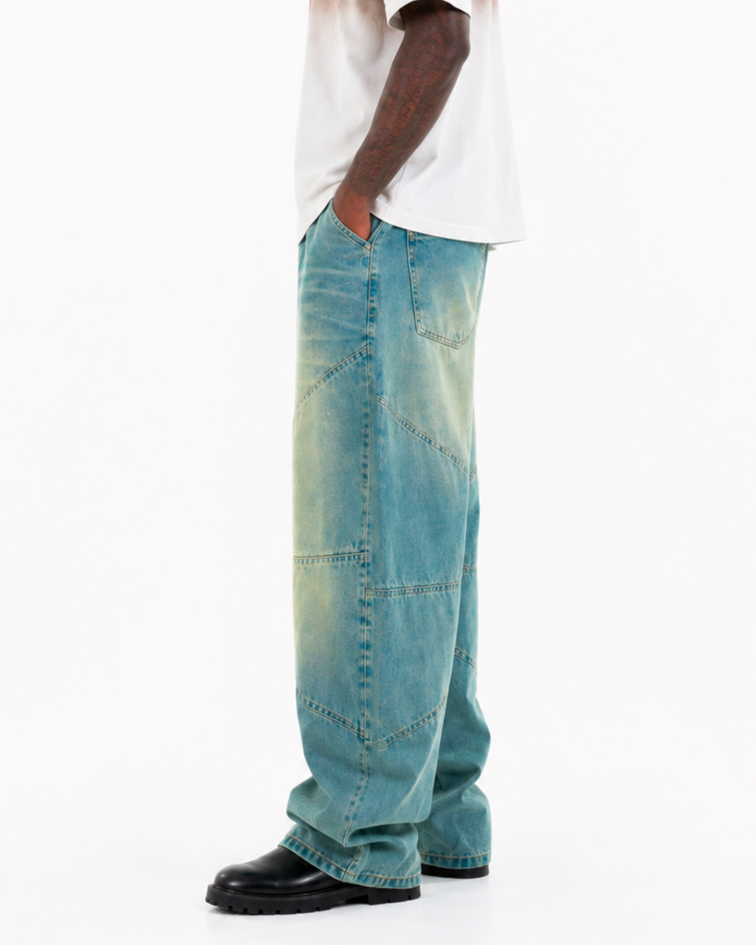 Jean Oversize Azul Claro Verdoso Costuras Curvas